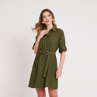 Vestido Chemise Manga 7/8 Martingale Verde Militar Miss Joy 8337