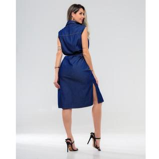 Vestido Chemise Midi em Linho e no Jeans Feminino com Fechamento Frontal em Botões, Acompa