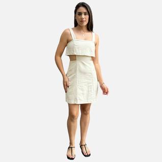 Vestido Curto Decote Reto Em Algodão Com Linho Dzarm