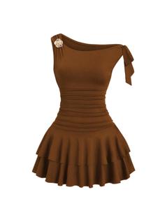 Vestido curto sem ombros Floerns sem mangas com camadas, mocha, G