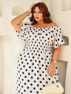 Vestido De Bolinhas Longo Plus Size Manga Curta Godê Ombro a Ombro Modelador Casual Festa 