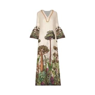 Vestido De Festa Longo Com Estampa Floral, Decote Em V E Mangas Com Babados, Corte Solto H