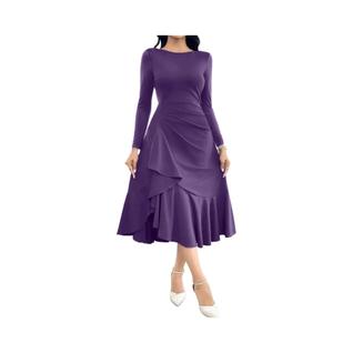 Vestido De Noite Elegante Em Cor Sólida Com Decote Redondo, Mangas Longas E Saia Em Cauda 