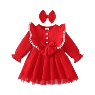 Vestido De Princesa Vermelho De Natal Para Bebê Menina Com Mangas Longas E Renda Branca 2 