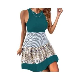 Vestido Elegante plus Size Com Estampa Floral E Listras, Com Babados Na Barra, Sem Mangas,