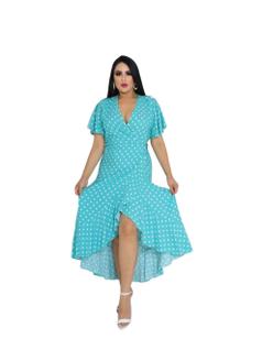 Vestido envelope longo bolinhas de viscolinho manga curto