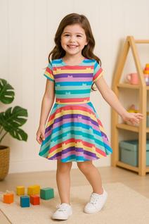 Vestido Fantasia Infantil A Casa Mágica da Gabby Listrado colorido Mangas