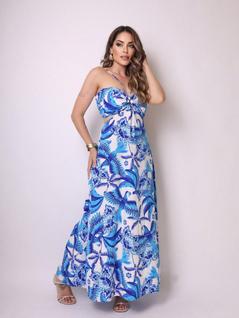 Vestido feminina longa estampado com bojo  cintura alta