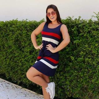 Vestido Feminino Básico Listrado Casual Midi Adulto Manga Regata