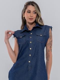 Vestido Feminino Jeans Chemise regata soltinho com botões e bolso moda