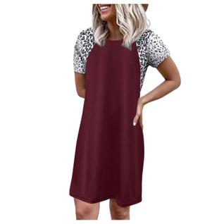 Vestido feminino leopardo, manga curta, gola redonda, solto, confortável, casual, lounge w