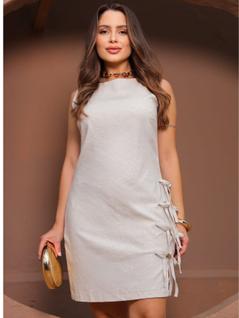Vestido Feminino Linho Elegante Com Detalhes Em Laços