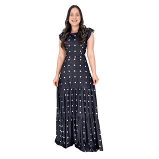 Vestido Feminino Longo Estampado Mangas Curtas Saia Godê Acinturado Gola Redonda Tubinho V