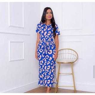 Vestido Feminino Midi Animal Print Amarração na Cintura Fenda Lateral Tendência Primavera 