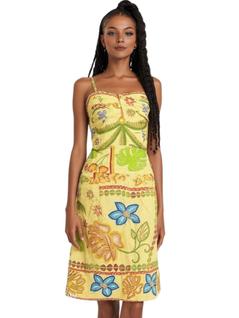 Vestido feminino midi estampado jardim de verão floral frutas plantas tropical alça fina b