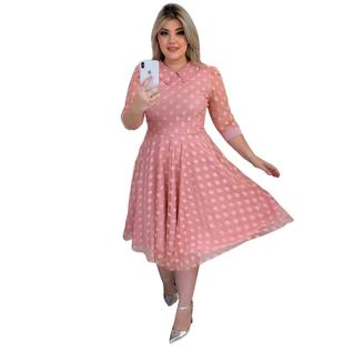 Vestido Feminino Midi Manga Princesa Tule Romântico Com Gola Detalhes Com Pérolas e Poá El