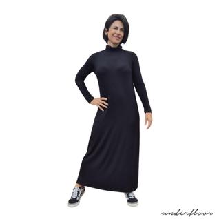 Vestido feminino preto midi longo manga longa gola alta boho outono inverno estilo casual 
