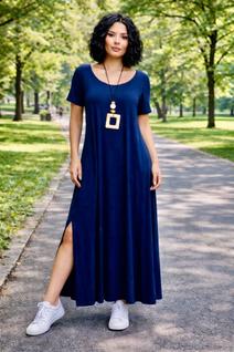 Vestido Gola Canoa Com Bolso e Fenda Moda Femenina