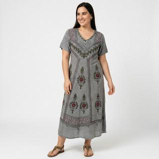 Vestido Indiano Longo Manga Curta Liso bordado Colorido 1100-4 -