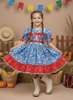 Vestido Infantil Azul Vermelho Festa Junina Junino Caipira Quadrilha Laço Floral Rodado Ju