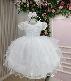 Vestido Infantil Batizado Casamento Lavínia Branco - Tecido Misto com Forro