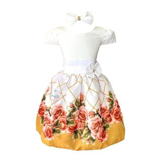 Vestido Infantil Branco C/ Dourado E Rosas Reveilon Ano Novo