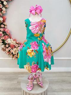 Vestido Infantil Casual Primavera Verão Verde Florido - Tamanho P, M, G