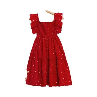 Vestido Infantil De Renda Vermelha Com Bolinhas E Gola Quadrada Para Meninas De 5 a 12 Ano