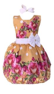 Vestido Infantil Dourado C/ Rosas Poa Reveilon