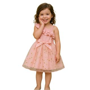 Vestido Infantil Festa Rosa Tule Floral e Babados 2 a 6 anos