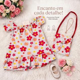 Vestido Infantil Floral Verão Com Bolsinha Conjunto Menina Creme