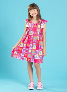 Vestido Infantil Menina Magenta  Manga Com Babado Corações