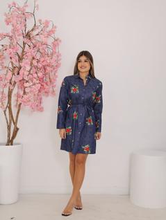Vestido Jeans Feminino Chemise Manga Comprida Estampado Elegante Premium