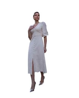 Vestido Linho Bordado Puro Com Mangas