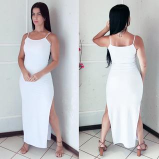 Vestido Longo Canelado Branco Festa Com Fenda Costa Fechada Alcinha Ano Novo Reveillon