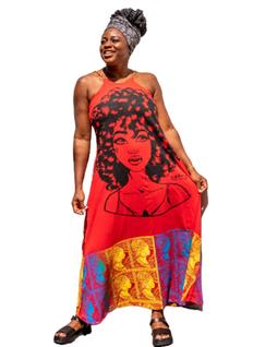 Vestido longo com trança de alça estampa afro - Vermelho - Azul e Amarelo
