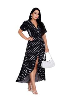 Vestido longo envelope estampa bolinhas viscolinho manga curto