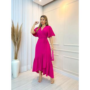 Vestido Longo Envelope Transpassado Manga Curta Decote V Detalhe Saia Babado