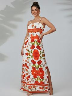 Vestido Longo Feminino Com Fenda Floral Elegante Alcinha Verão Moderno Confortável Festa C