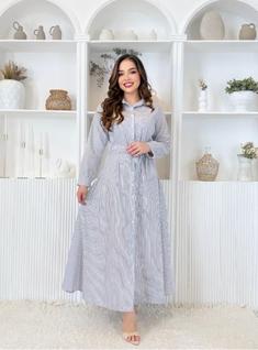 Vestido Longo Feminino Manga Longa Tricoline Listrado Risca de Giz