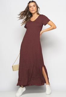 Vestido Longo Manga Curta Malha Marrom Salvatore