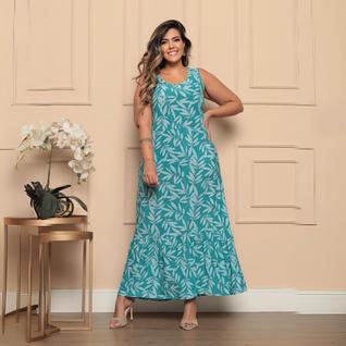 Vestido Longo Plus Size Estampado Regata Com Babado Estampa Sortida