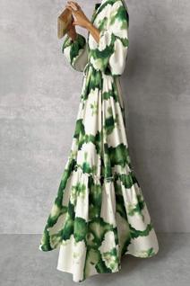 Vestido Longo Verde Com Estampa Floral, Decote Em V E Amarração, Modelo Evasê Para Mulhere