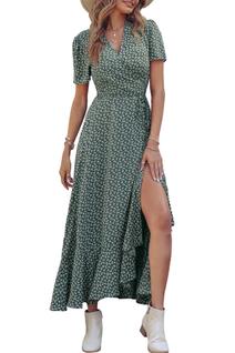 Vestido Maxi Cruzado Floral Verde Oscuro PRETTYGARDEN Cuello en V Talla S