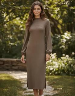 Vestido Midi Chá Com Fendas Laterais Canelada Lunender 69378