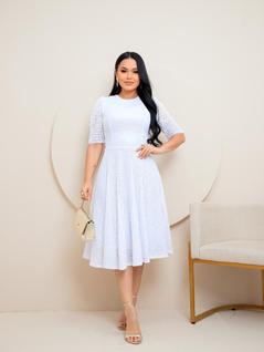 Vestido Midi de Festa Casamento Civil Noiva Formatura Godê Evangélico Gola Alta Cor:Branco