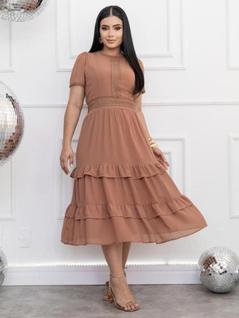 Vestido Midi de Festa Casamento Madrinha Delicado Manga Curta Soltinho Moda Evangélica Cor