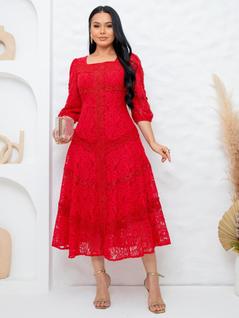 Vestido Midi de Festa Elegante com Manga Decote Quadrado Madrinha Casamento Cor:VermelhoTa