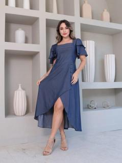 Vestido midi elegante liso chambray botao manga curto
