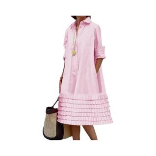 Vestido Midi Feminino De Cor Sólida Com Mangas Longas, Camadas, Plissado E Bolsos